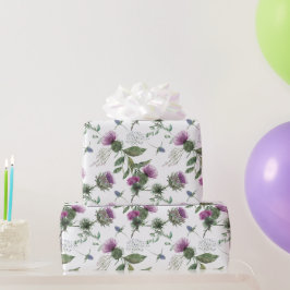 Papel De Presente Padrão Botânico de Cardo Roxo em Aquarela