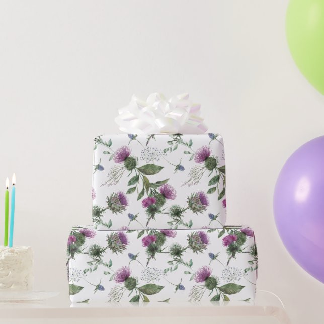 Papel De Presente Padrão Botânico de Cardo Roxo em Aquarela (Presentes para festas)