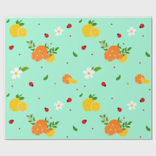 Papel De Presente Padrão Botânico de Citrino e Joaninha com Flores