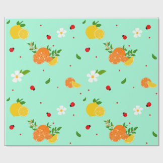 Papel De Presente Padrão Botânico de Citrino e Joaninha com Flores 