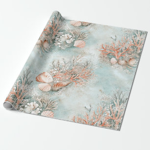 Papel De Presente Padrão Botânico de Concha Oceano Aqua Suave