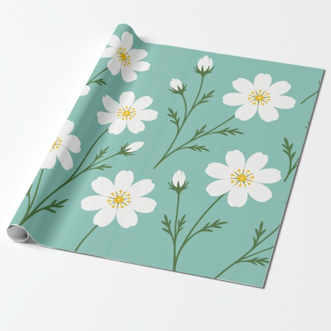 Papel De Presente Padrão Botânico de Flor Silvestre Branca (Desenrolado)