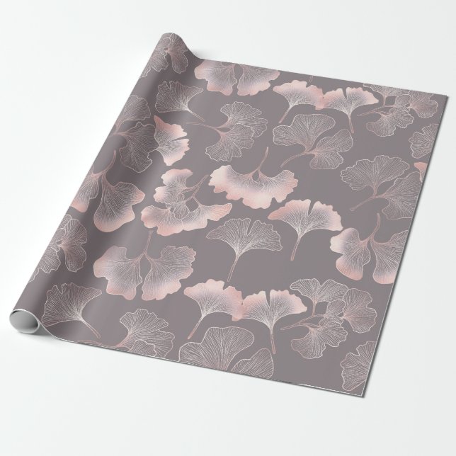 Papel De Presente Padrão Botânico de Folha de Ginkgo Rosa (Desenrolado)