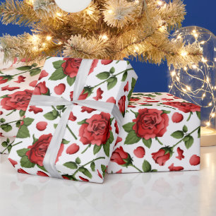 Papel De Presente Padrão Botânico de Folhagem de Rosas Vermelhas Vit