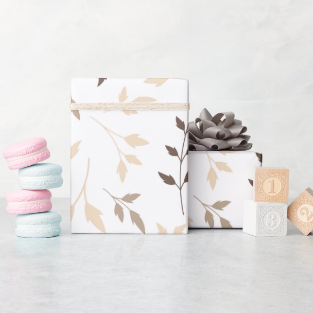 Papel De Presente Padrão Botânico de Folhas Bege Neutro Marrom (Chá de bebê)
