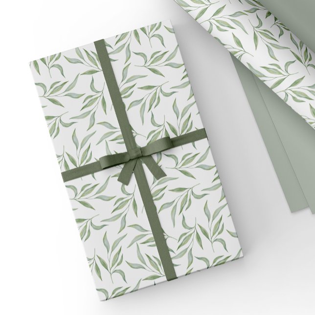 Papel De Presente Padrão Botânico de Folhas de Aquarela Verde Simple (Criador carregado)