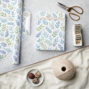 Papel De Presente Padrão botânico de folhas em aquarela azul e verde