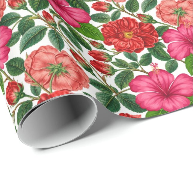 Papel De Presente Padrão Botânico de Hibisco e Rosa (Ponta do rolo)