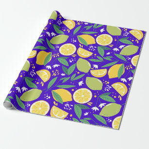 Papel De Presente Padrão Botânico de Limão Cítrico Elegante em Azul