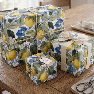 Papel De Presente Padrão Botânico de Limão Mediterrâneo Citrino
