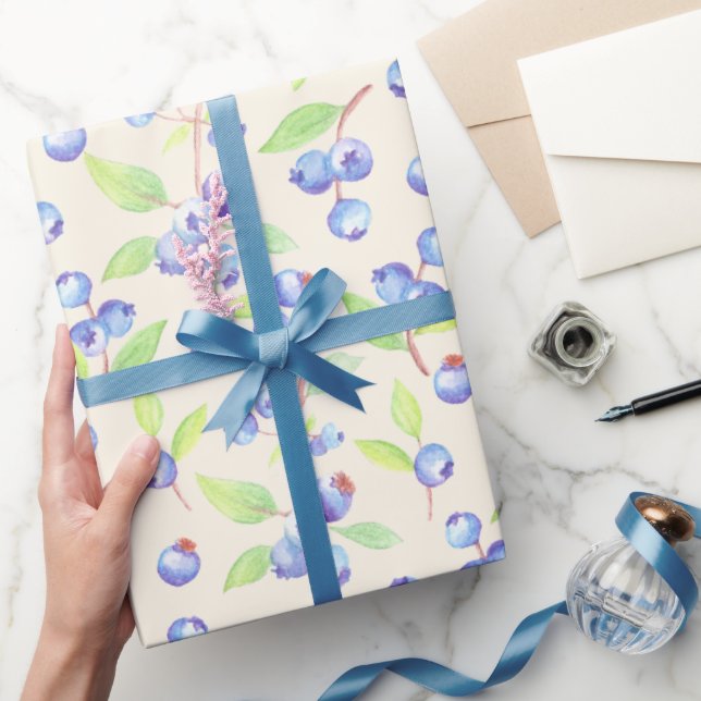 Papel De Presente Padrão Botânico de Mirtilo em Aquarela Fofa (Presentear)