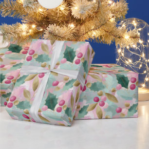 Papel De Presente Padrão Botânico de Natal Golden Holly & Berry