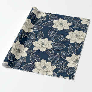 Papel De Presente Padrão Botânico Floral Azul Vintage (5)