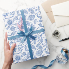 Papel De Presente Padrão Botânico Floral Branco Azul Boho Caprichoso