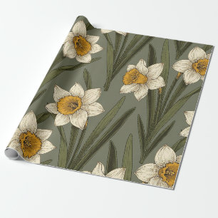 Papel De Presente Padrão Botânico Floral de Narciso Amarelo de Prima