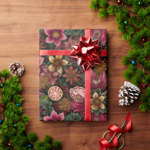 Papel De Presente Padrão Botânico Floral e de Especiarias de Natal