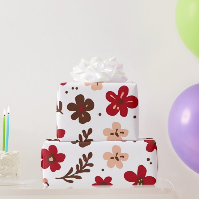 Papel De Presente Padrão Botânico Floral Vermelho (Presentes para festas)