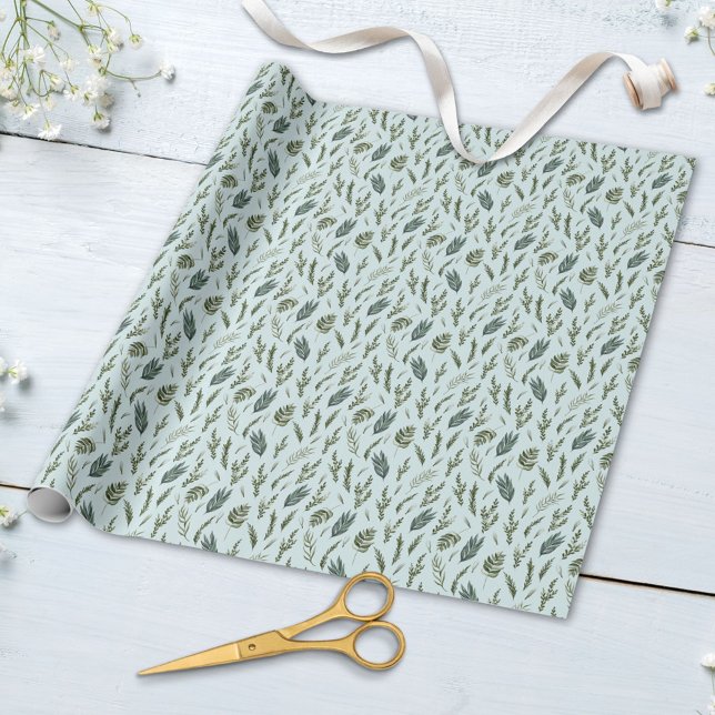 Papel De Presente Padrão Botânico Folhas Verdes (Close up)
