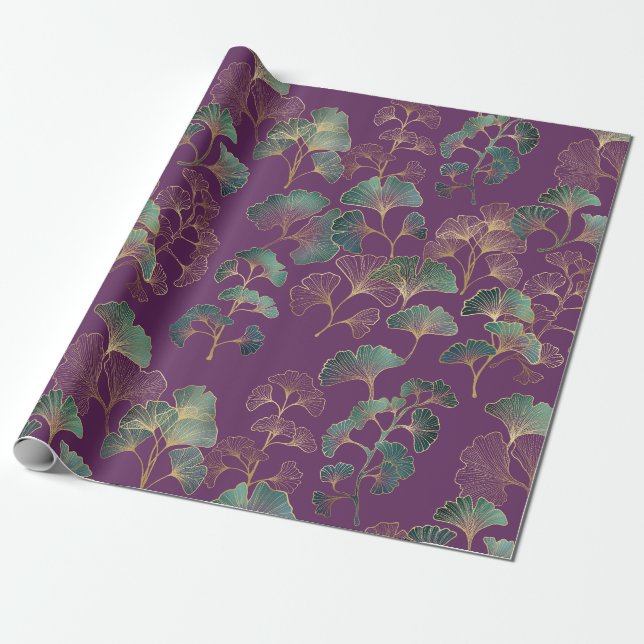 Papel De Presente Padrão Botânico Japonês Ginkgo Dourado Roxo (Desenrolado)