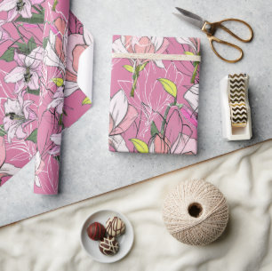 Papel De Presente Padrão Botânico Moderno em Rosa e Verde de Embrulh