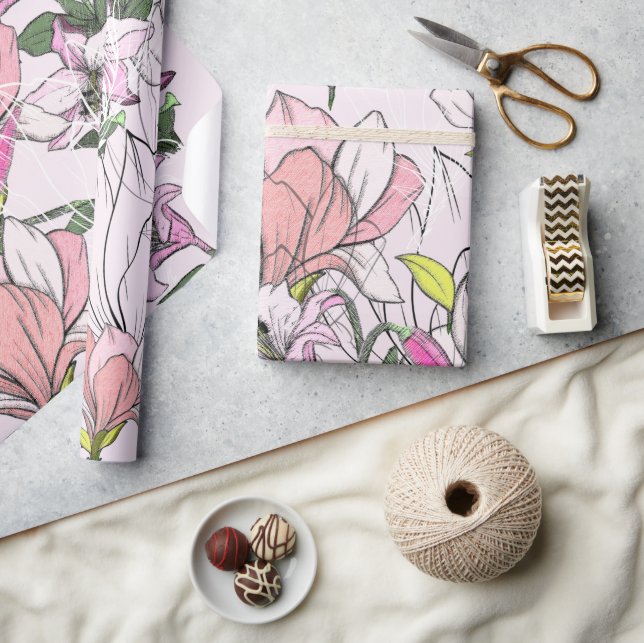 Papel De Presente Padrão Botânico Moderno Rosa e Verde (Artesanato)