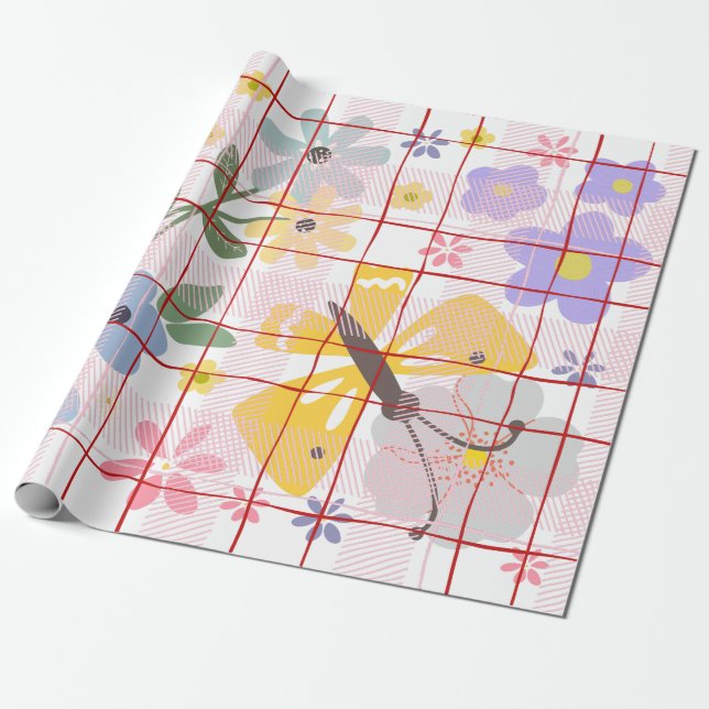 Papel De Presente Padrão botânico moderno rosa roxo de aniversário (Desenrolado)
