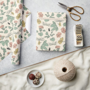 Papel De Presente Padrão Botânico Vintage com Borboletas e Abelhas
