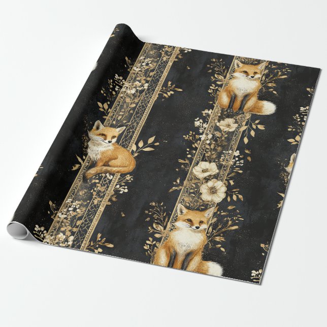 Papel De Presente Padrão Botânico Vitoriano Raposa Ouro Preto (Desenrolado)