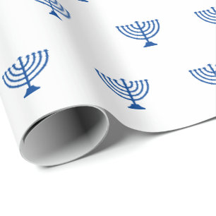 Papel De Presente Padrão branco e azul menorah judeu Hanukkah