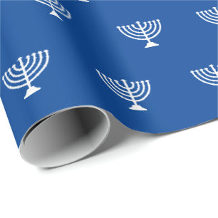 Papel De Presente Padrão branco e azul menorah judeu Hanukkah