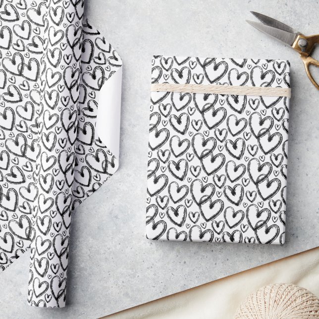 Papel De Presente Padrão Branco Preto do Coração de Pincel Moderno (Criador carregado)