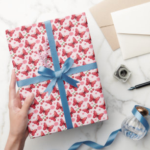 Papel De Presente Padrão Caprichoso de Borboleta e Cereja em Aquarel