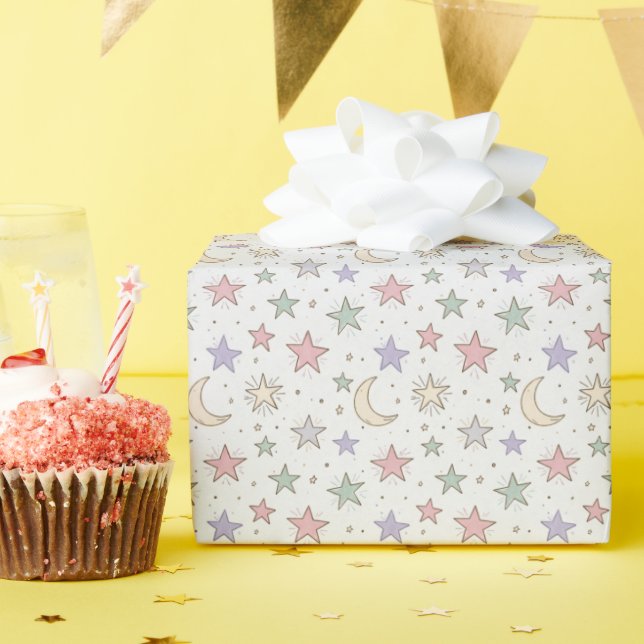 Papel De Presente Padrão Caprichoso de Lua e Estrela (Festa de aniversário)