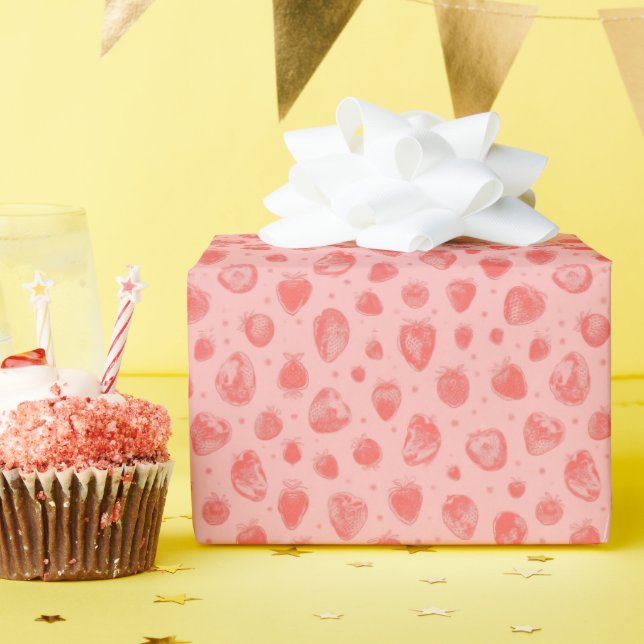Papel De Presente padrão caprichoso de morango em rosa (Festa de aniversário)