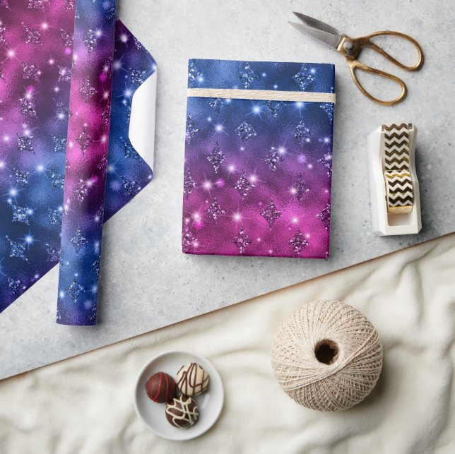 Papel De Presente Padrão Celestial com Brilho em Ombre Azul e Rosa (Artesanato)