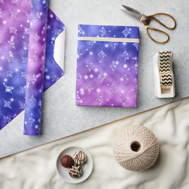 Papel De Presente Padrão Celestial com Brilho em Ombre Roxo e Azul (Artesanato)