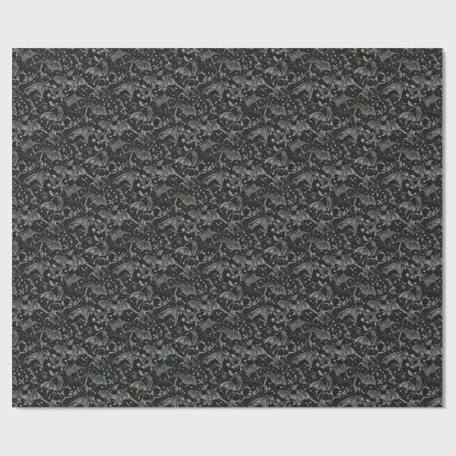 Papel De Presente Padrão Celestial de Morcegos Voadores Preto Gótico (Aberto)
