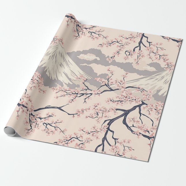 Papel De Presente Padrão Cênico do Monte Fuji Cerejeira Rosa Suave S (Desenrolado)
