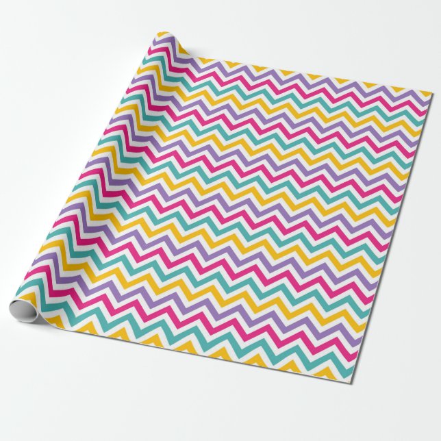 Papel De Presente Padrão Chevron com Faixa Verde-azulado e Roxo (Desenrolado)