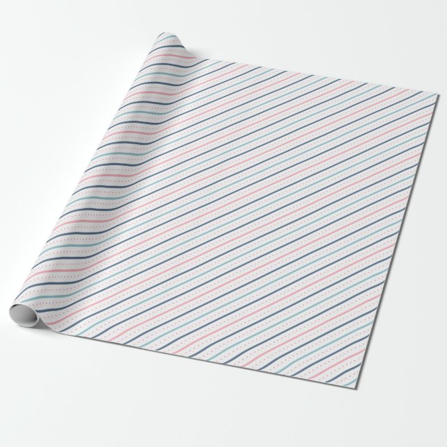 Papel De Presente Padrão Chic de Linhas, Pontos Azuis, Rosa Turquesa (Desenrolado)