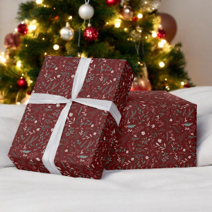 Papel De Presente Padrão chic verde floral vermelho do Natal moderno