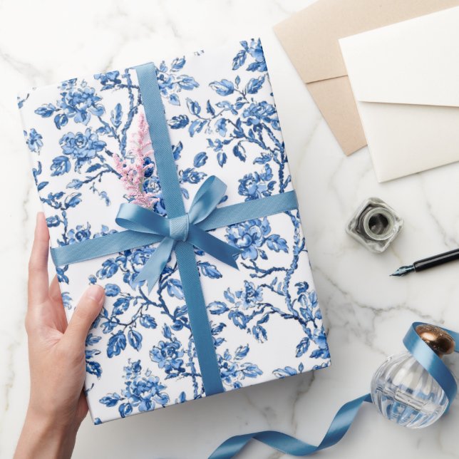 Papel De Presente Padrão Chinoiserie Azul (Presentear)