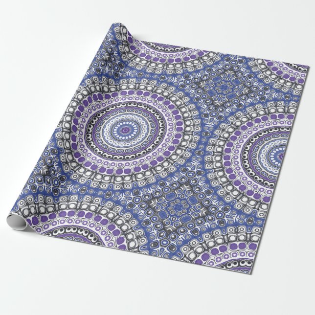 Papel De Presente Padrão Circular Geométrico de Mandala Azul e Roxo (Desenrolado)