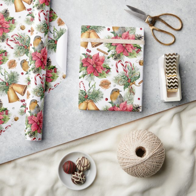 Papel De Presente Padrão Clássico de Bells e Aves Douradas de Natal (Artesanato)