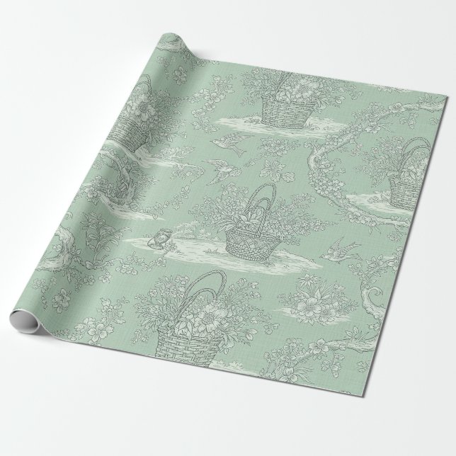 Papel De Presente Padrão Clássico de Buquê Floral em Verde Sálvia (Desenrolado)