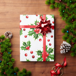 Papel De Presente Padrão Clássico de Feriado Holly Tree deixa Berrie