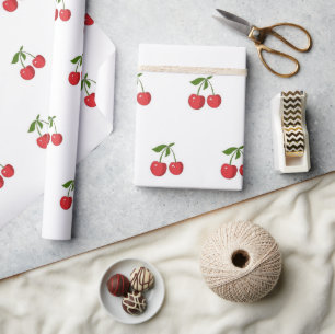 Papel De Presente Padrão Clássico de Frutas Cereja Vermelha Primaver