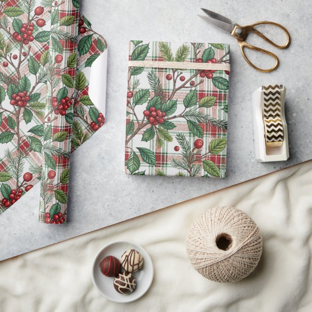 Papel De Presente Padrão Clássico de Natal Xadrez e Folhas de Azevin (Artesanato)