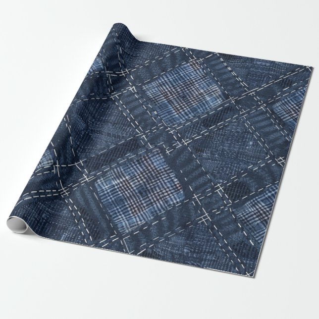 Papel De Presente Padrão Clássico do Indigo Diamond Stitch Denim (Desenrolado)