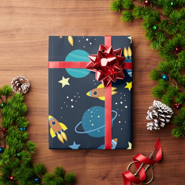 Papel De Presente Padrão Colorido com Tema Espacial (Presente de Natal)